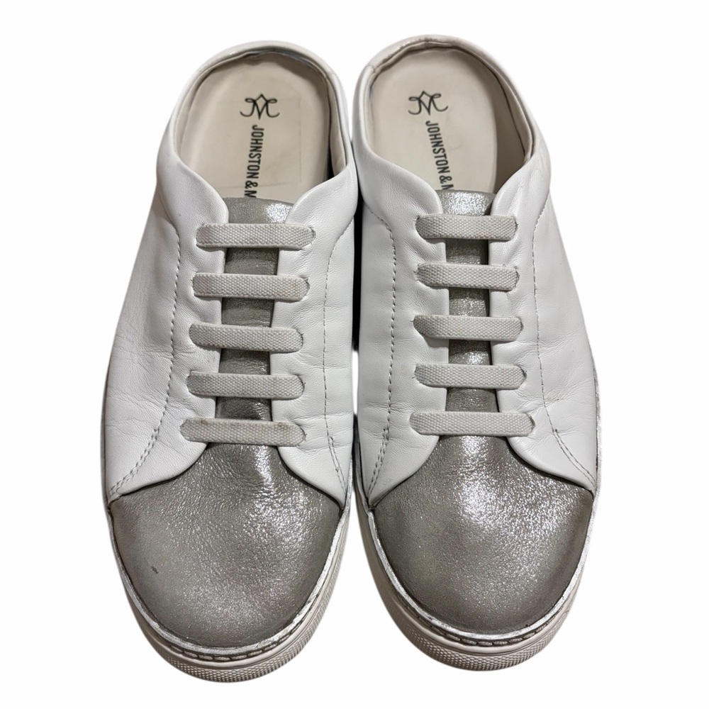 Johnston & Murphy White Metallic Silver Women's Slip On Sneakers Callie Mule 8.5